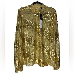Express Gold Sequin Mock Neck Blouse Large Balloon Sleeve Glam Party Holiday NWT